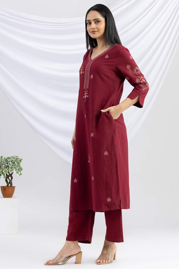 Maroon Embroidered Cotton Viscose Slub Winter Kurti with 3/4 Sleeves
