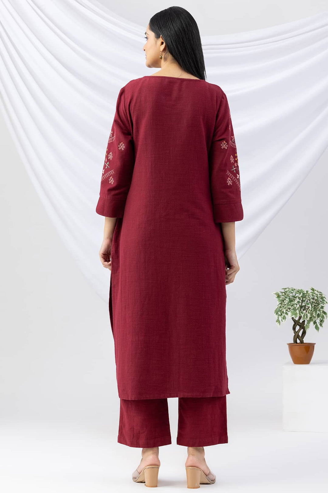 Maroon Embroidered Cotton Viscose Slub Winter Kurti with 3/4 Sleeves
