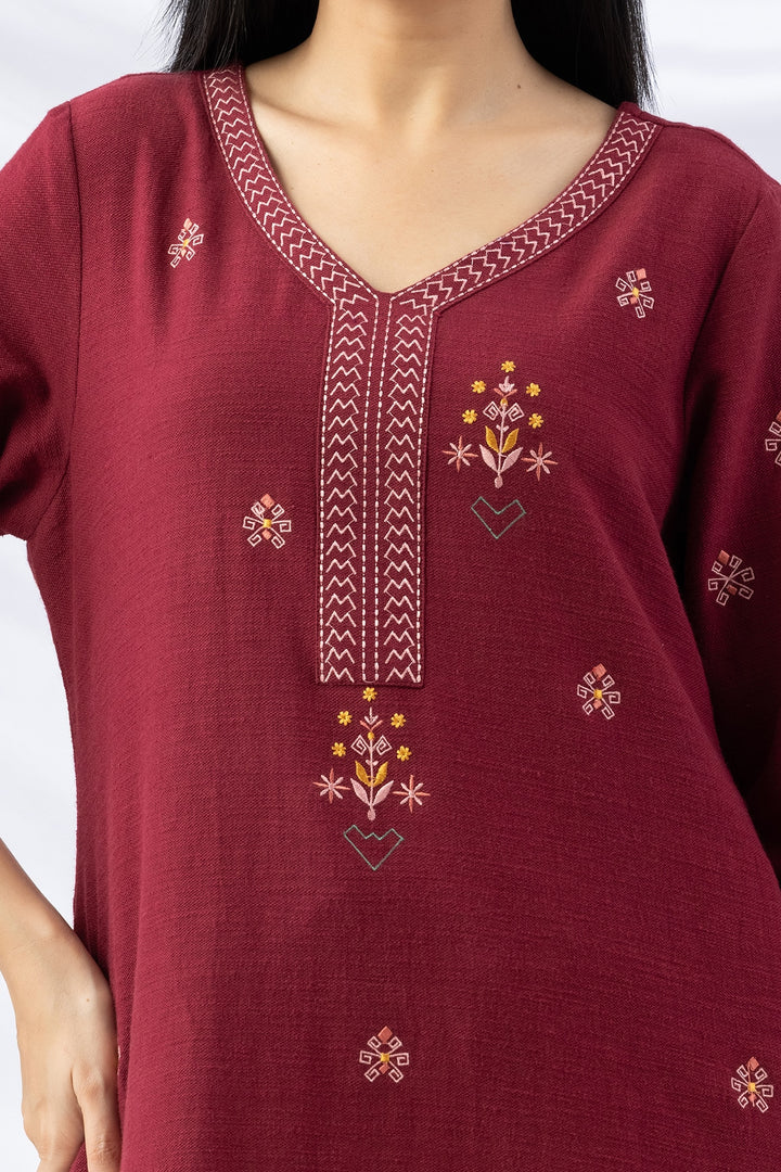 Maroon Embroidered Cotton Viscose Slub Winter Kurti with 3/4 Sleeves