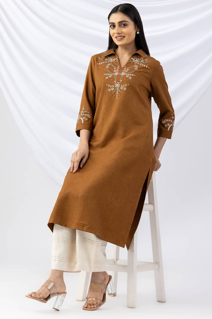 Topaz Embroidered Wool Linen Twill Kurti with Collar &amp; 3/4 Sleeves