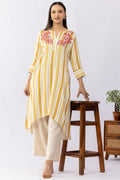 Yellow Viscose Dobby Striped Kurti with Round Neck & 3/4 Sleeves
