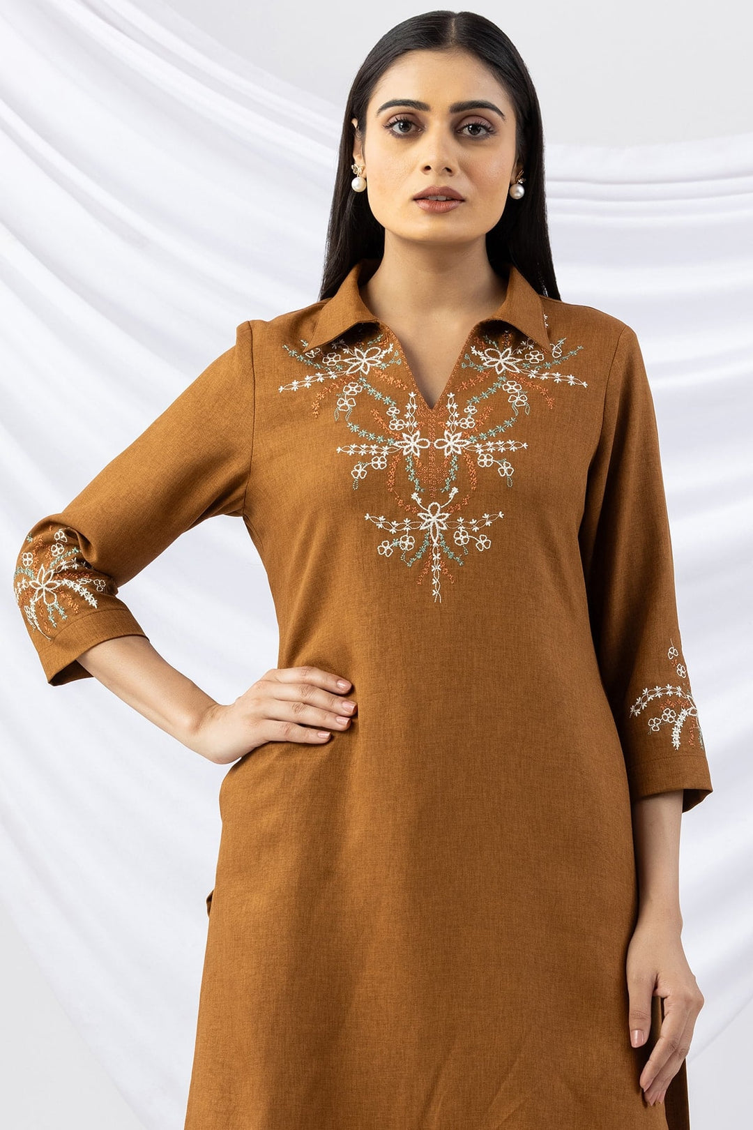 Topaz Embroidered Wool Linen Twill Kurti with Collar &amp; 3/4 Sleeves