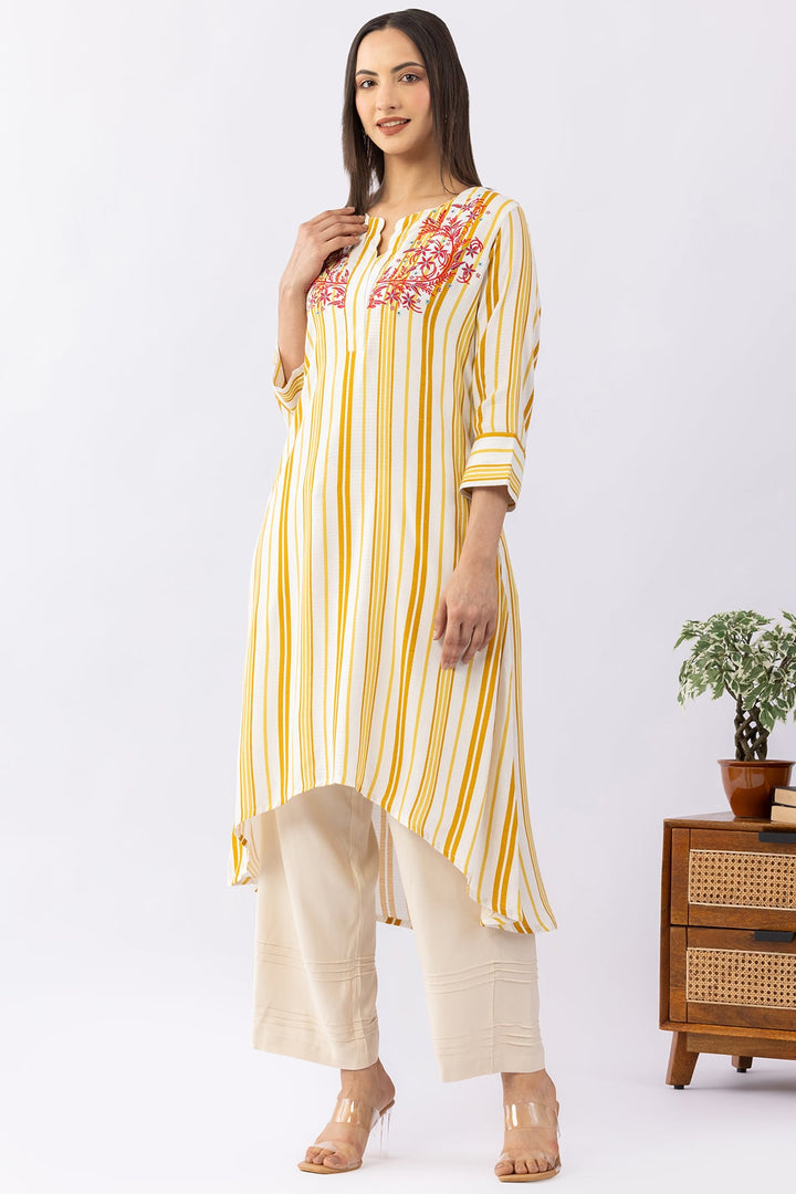 Yellow Viscose Dobby Striped Kurti with Round Neck &amp; 3/4 Sleeves