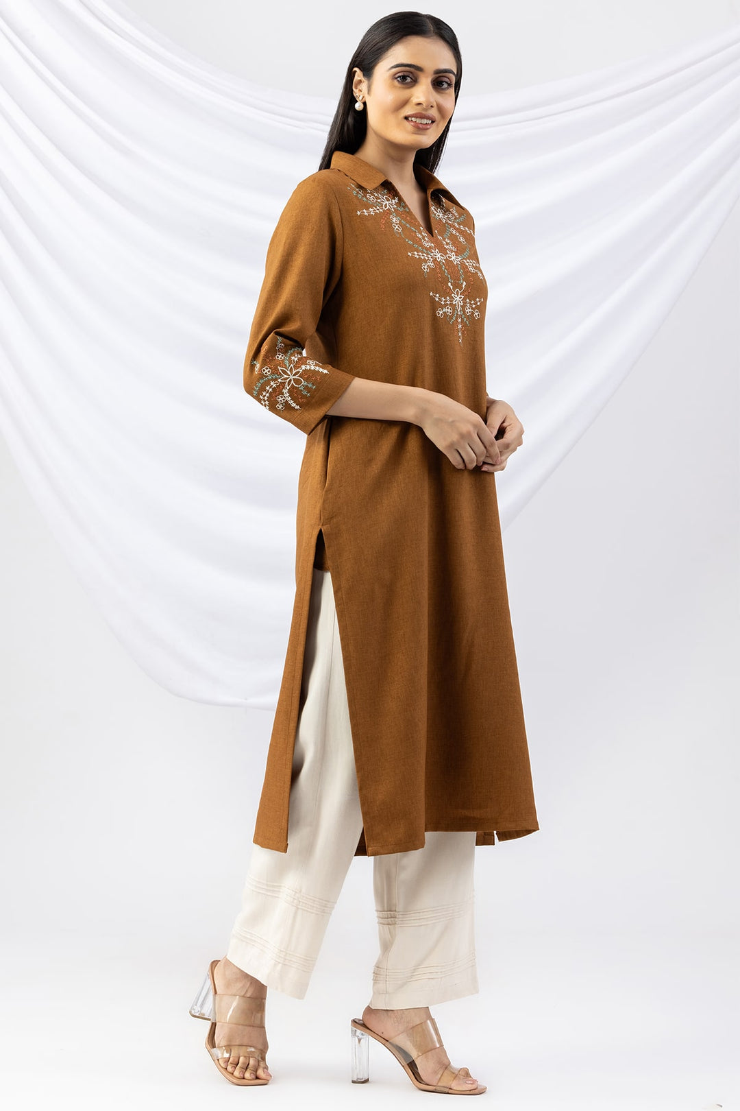 Topaz Embroidered Wool Linen Twill Kurti with Collar &amp; 3/4 Sleeves