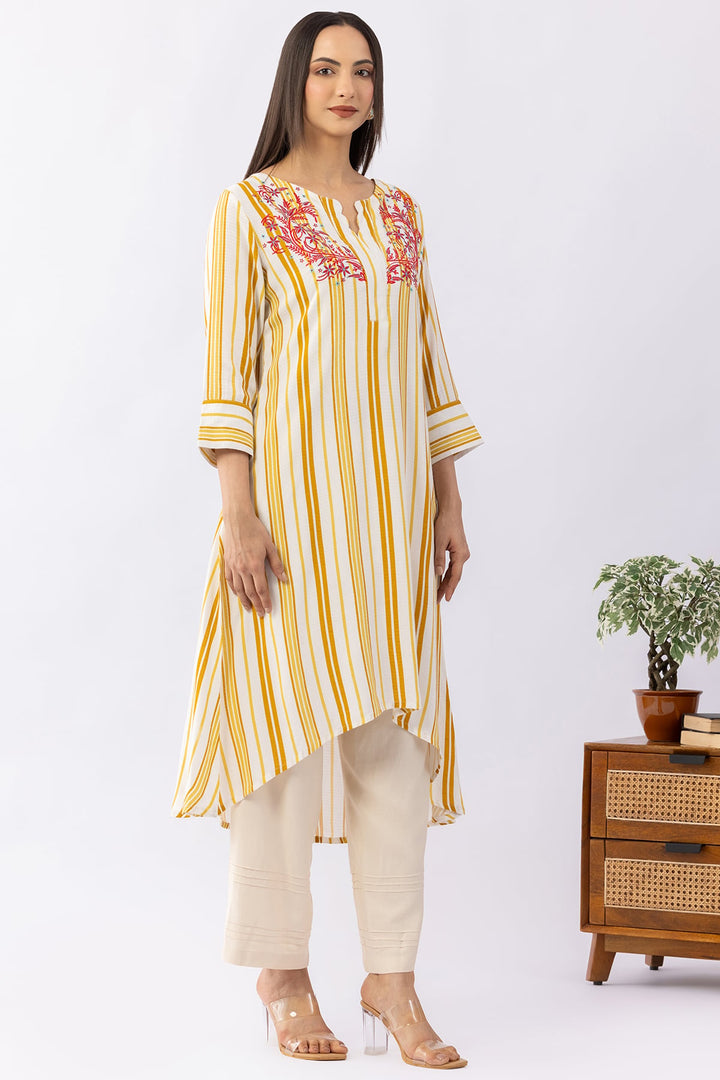 Yellow Viscose Dobby Striped Kurti with Round Neck &amp; 3/4 Sleeves