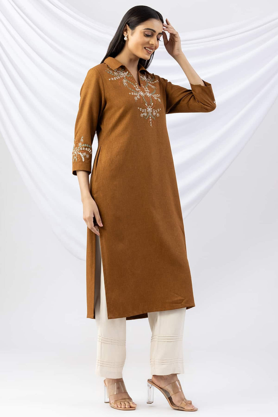 Topaz Embroidered Wool Linen Twill Kurti with Collar &amp; 3/4 Sleeves