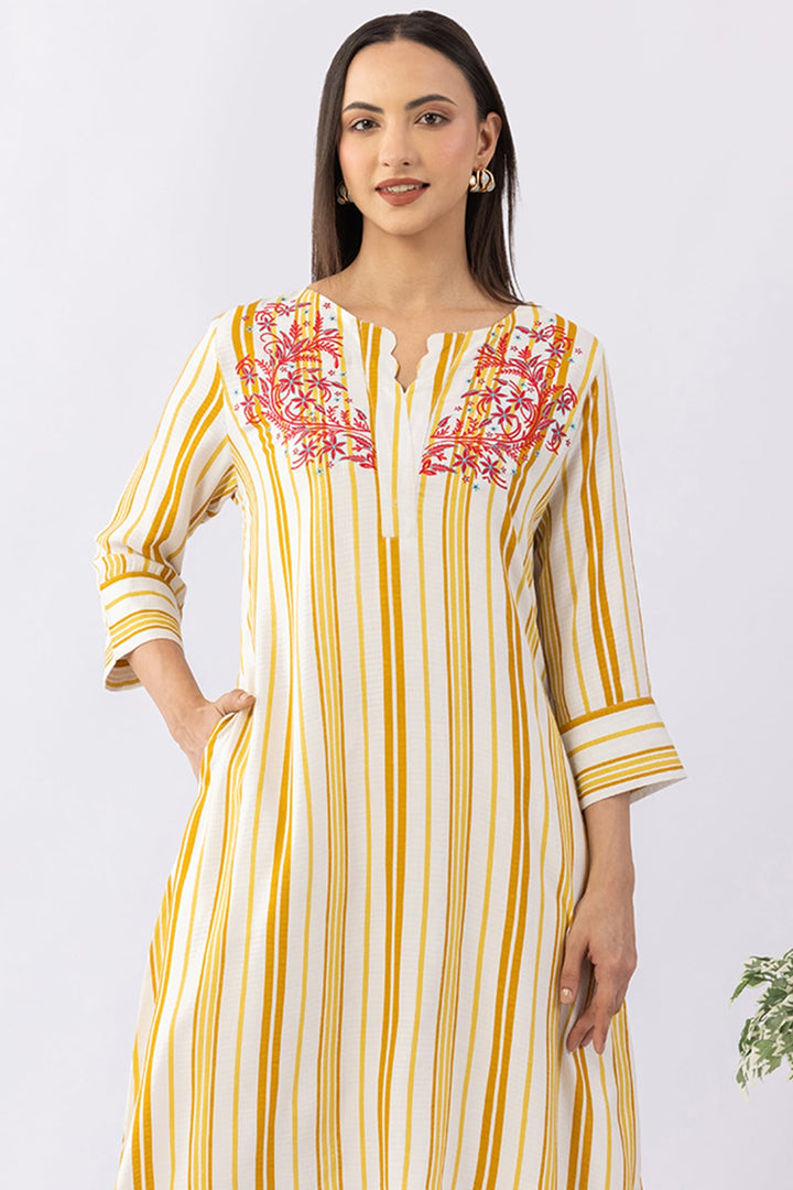 Yellow Viscose Dobby Striped Kurti with Round Neck &amp; 3/4 Sleeves