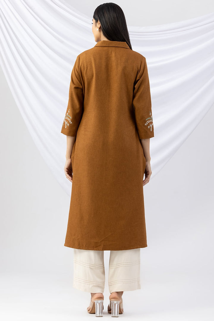 Topaz Embroidered Wool Linen Twill Kurti with Collar &amp; 3/4 Sleeves