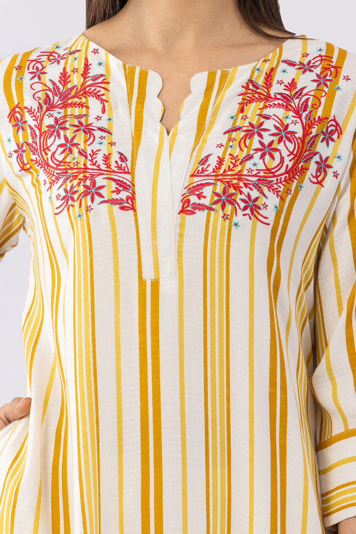 Yellow Viscose Dobby Striped Kurti with Round Neck &amp; 3/4 Sleeves