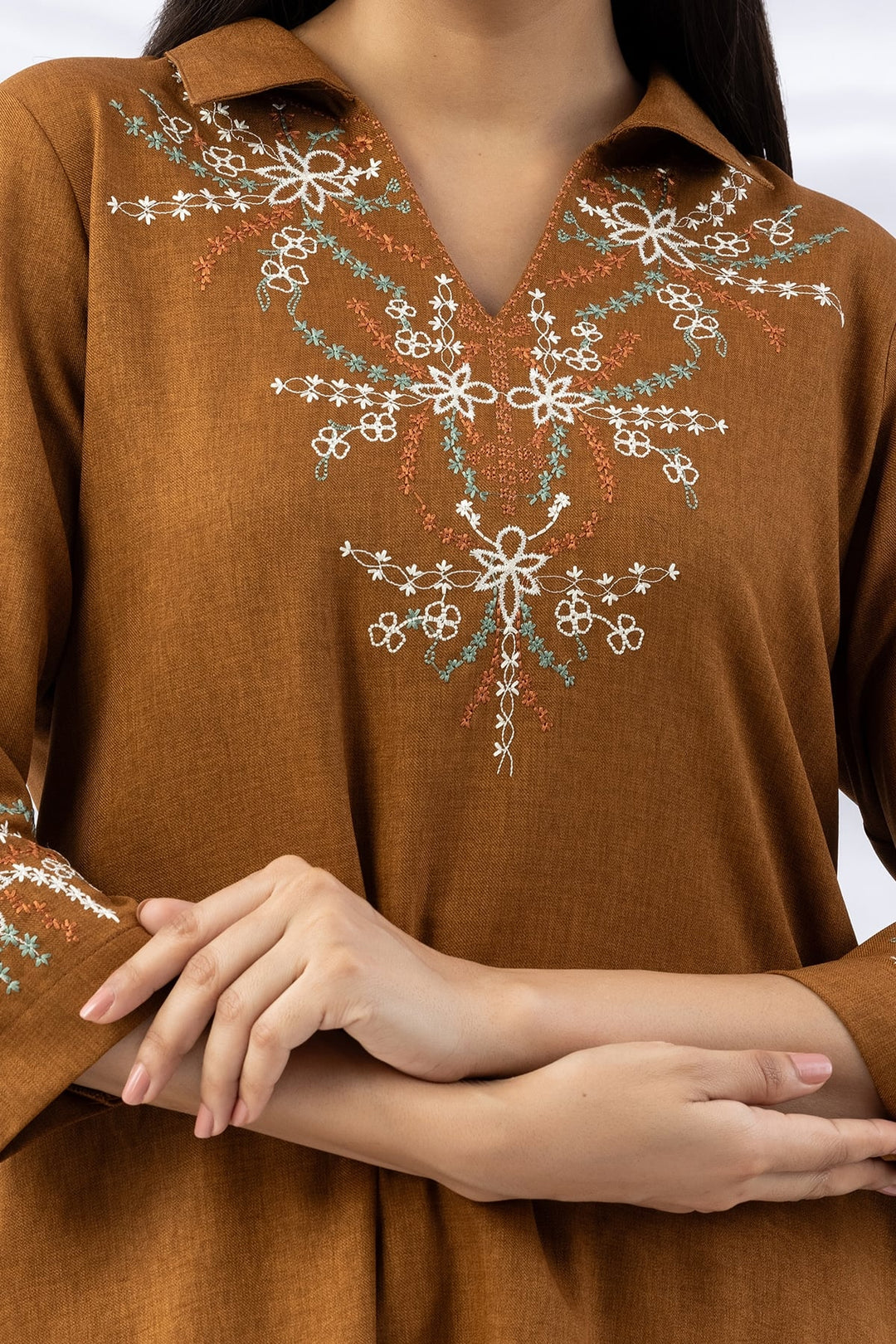 Topaz Embroidered Wool Linen Twill Kurti with Collar &amp; 3/4 Sleeves