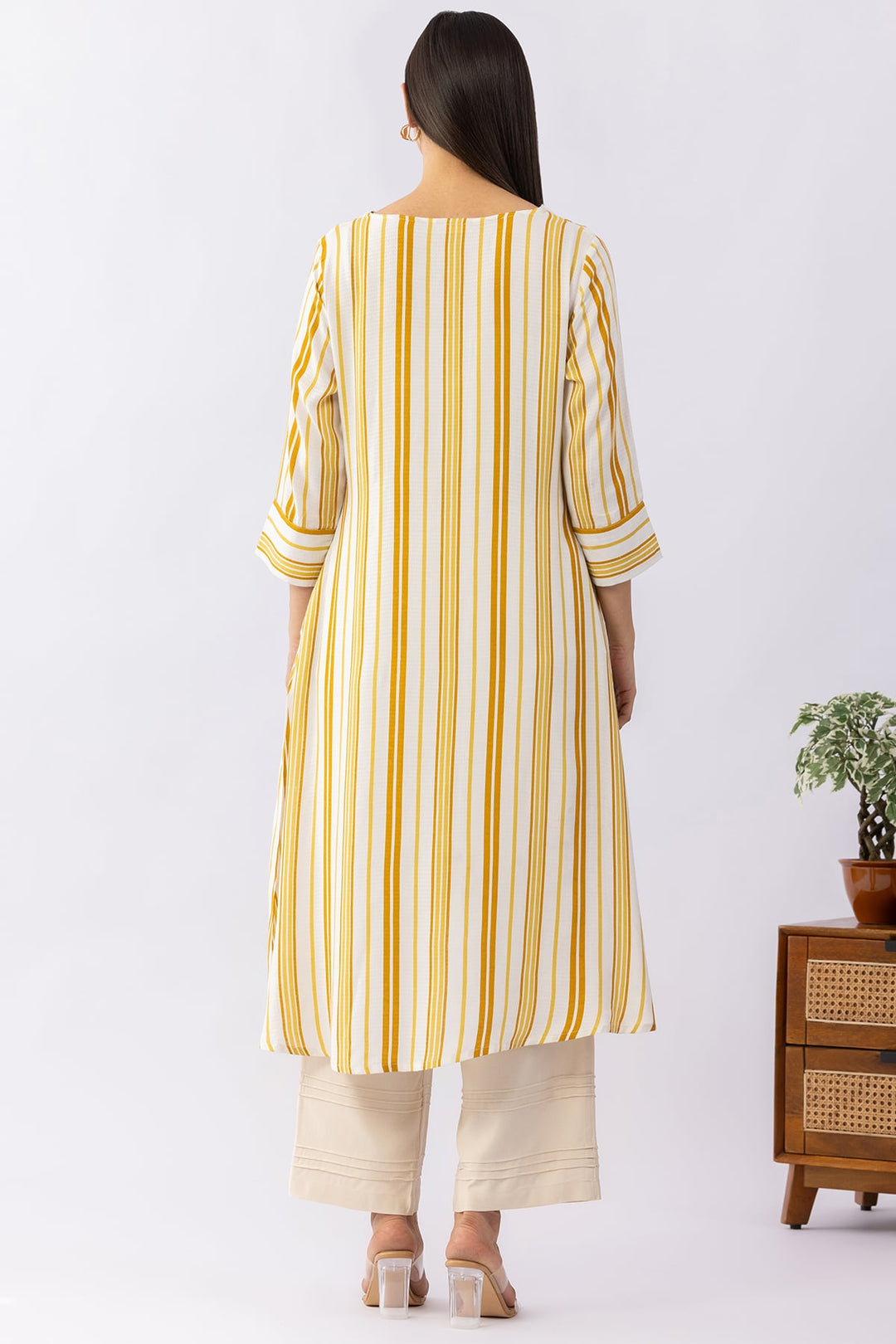 Yellow Viscose Dobby Striped Kurti with Round Neck &amp; 3/4 Sleeves