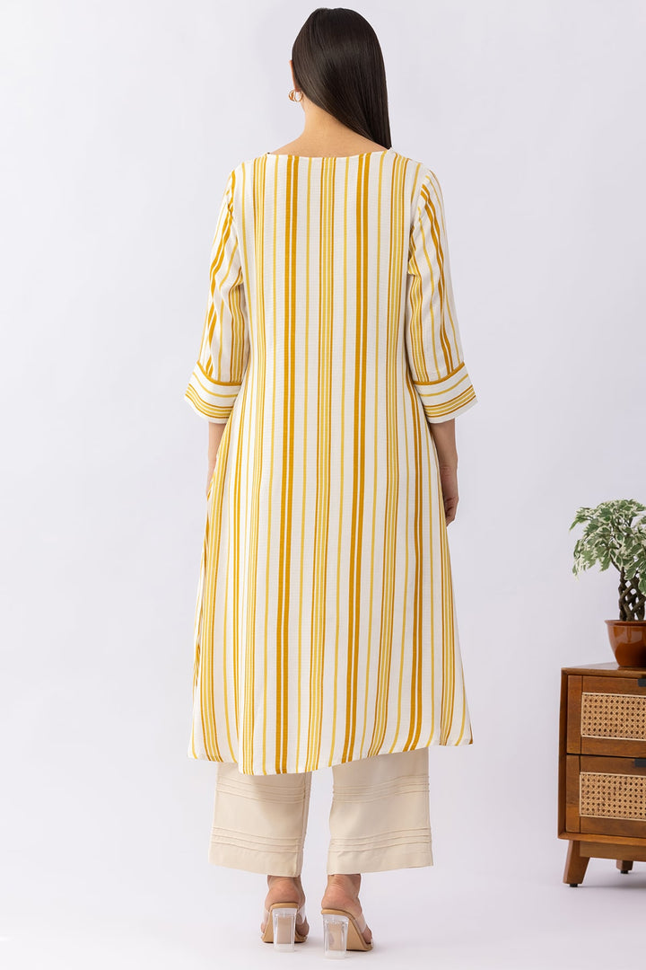 Yellow Viscose Dobby Striped Kurti with Round Neck &amp; 3/4 Sleeves