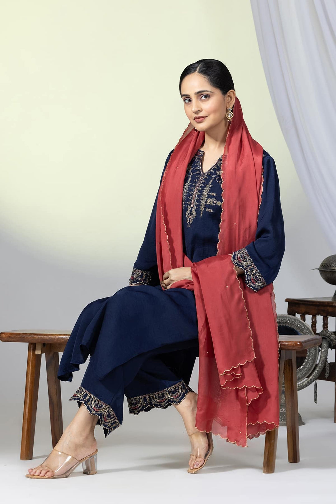 Navy Viscose Embellished Kurti with 3/4th Sleeves
