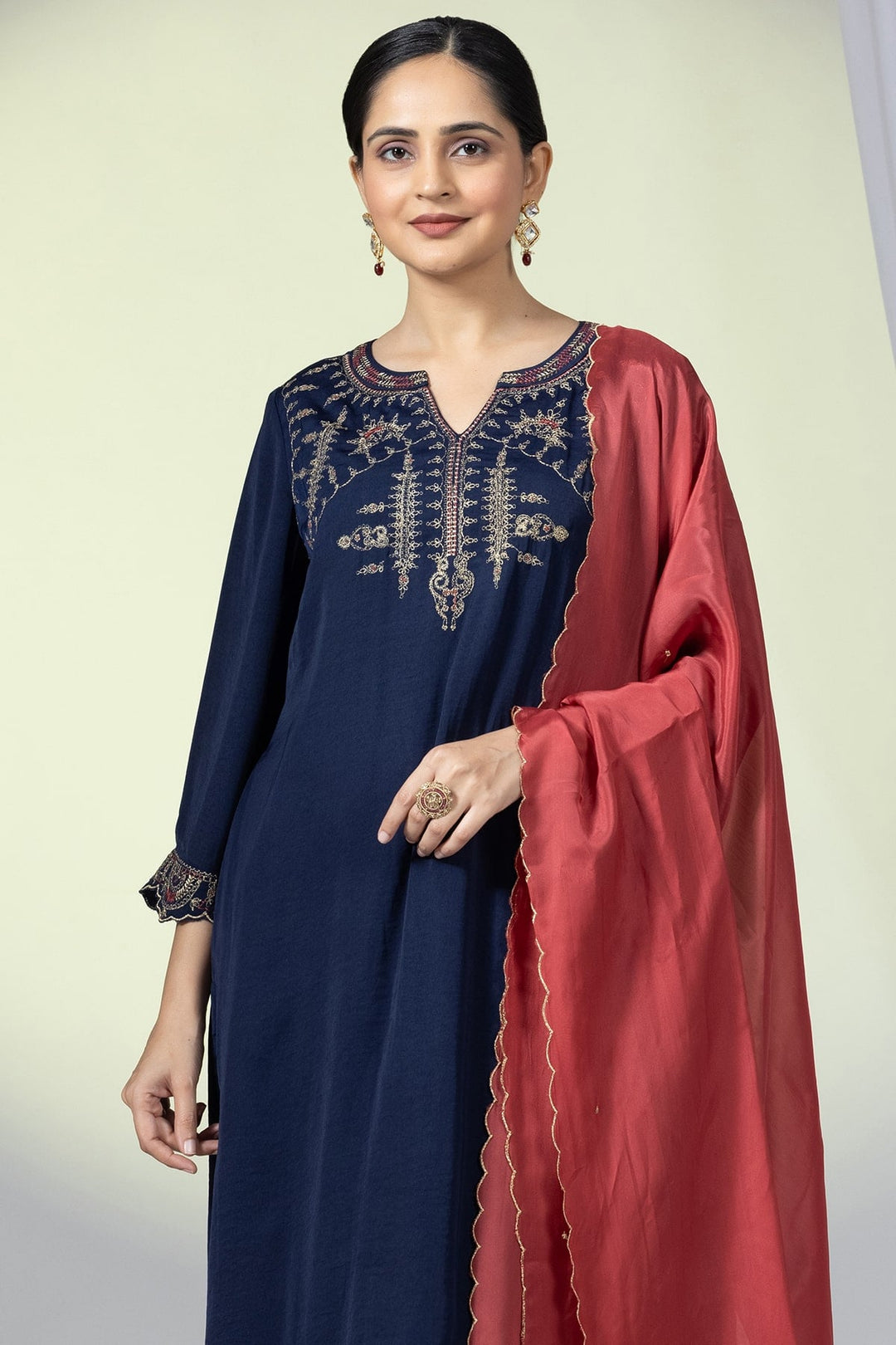 Navy Viscose Embellished Kurti with 3/4th Sleeves