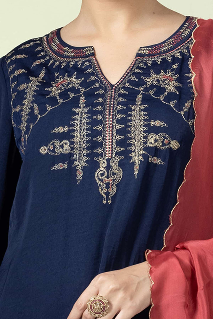 Navy Viscose Embellished Kurti with 3/4th Sleeves