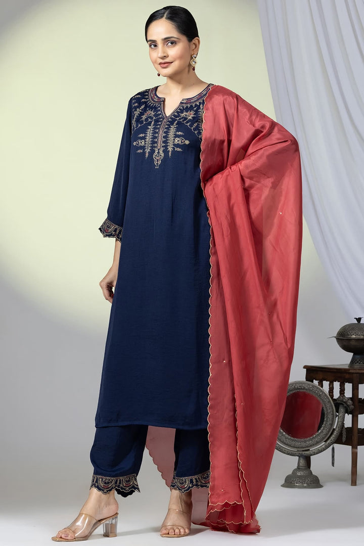 Navy Viscose Embellished Kurti with 3/4th Sleeves