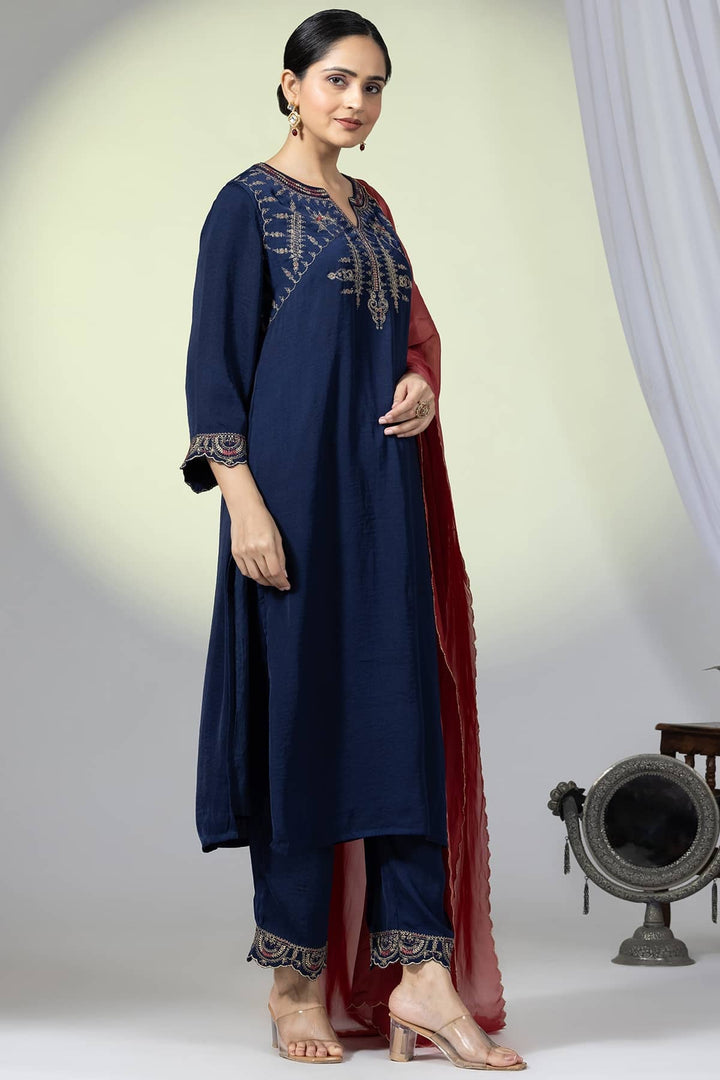 Navy Viscose Embellished Kurti with 3/4th Sleeves