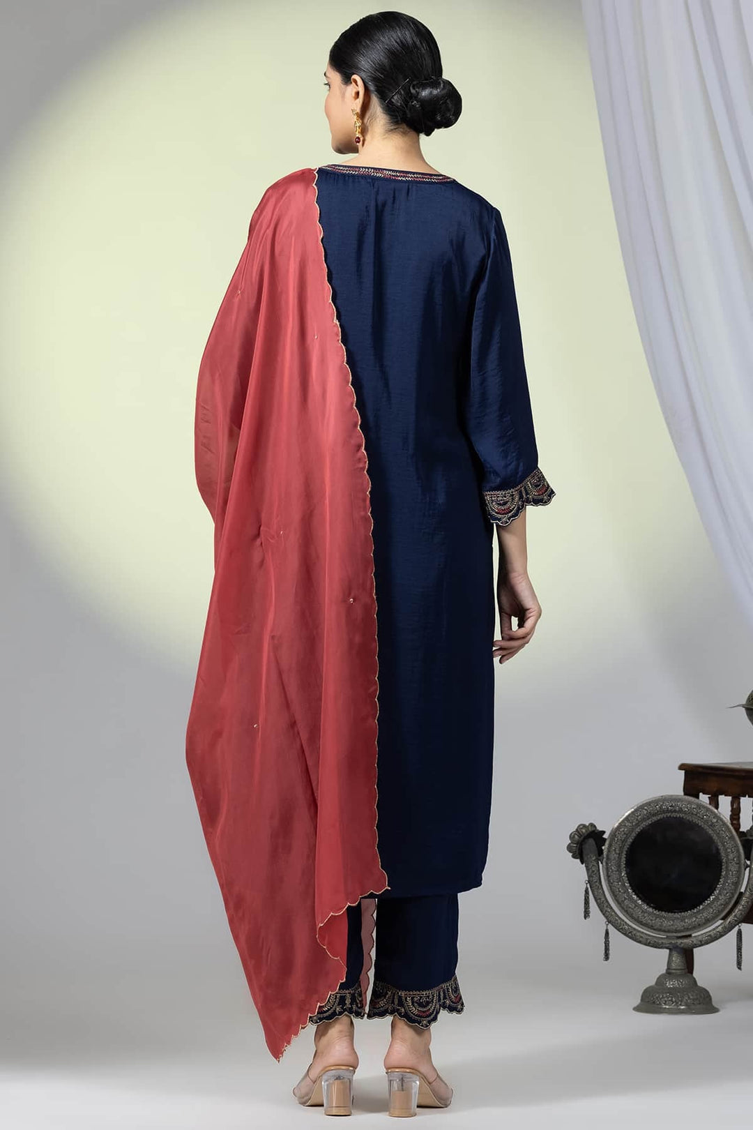 Navy Viscose Embellished Kurti with 3/4th Sleeves