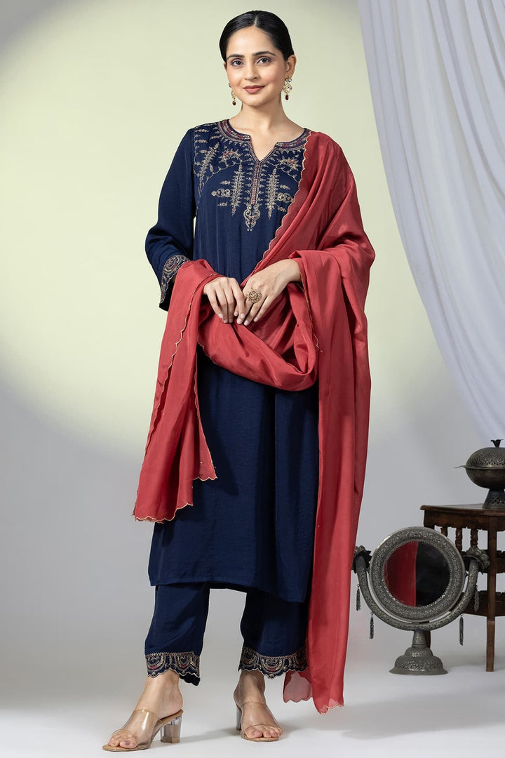 Navy Viscose Embellished Kurti with 3/4th Sleeves