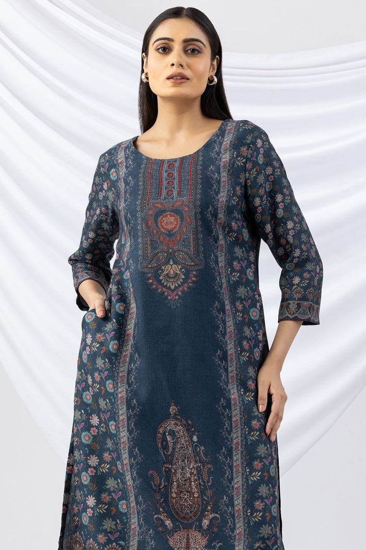Teal Printed Pashmina Kurti with Round Neck &amp; 3/4 Sleeves