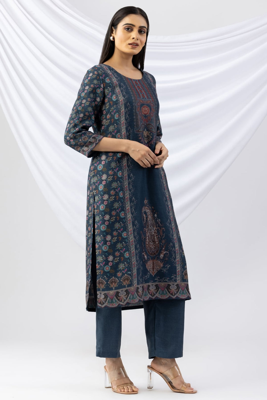Teal Printed Pashmina Kurti with Round Neck &amp; 3/4 Sleeves