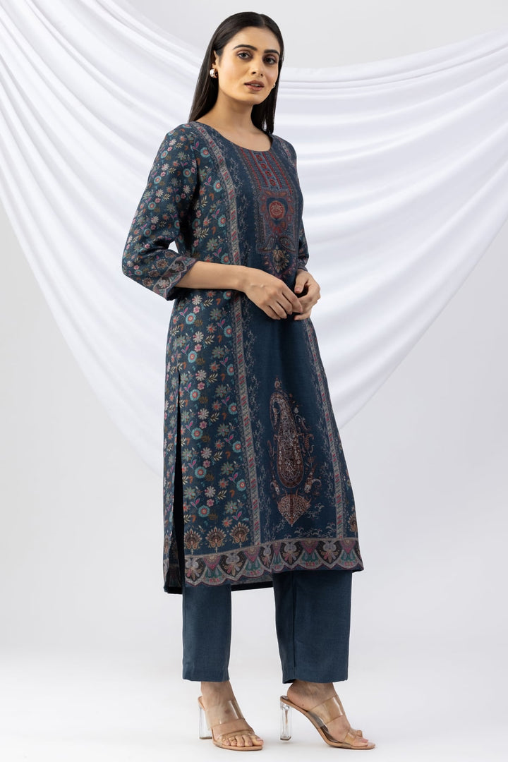Teal Printed Pashmina Kurti with Round Neck &amp; 3/4 Sleeves