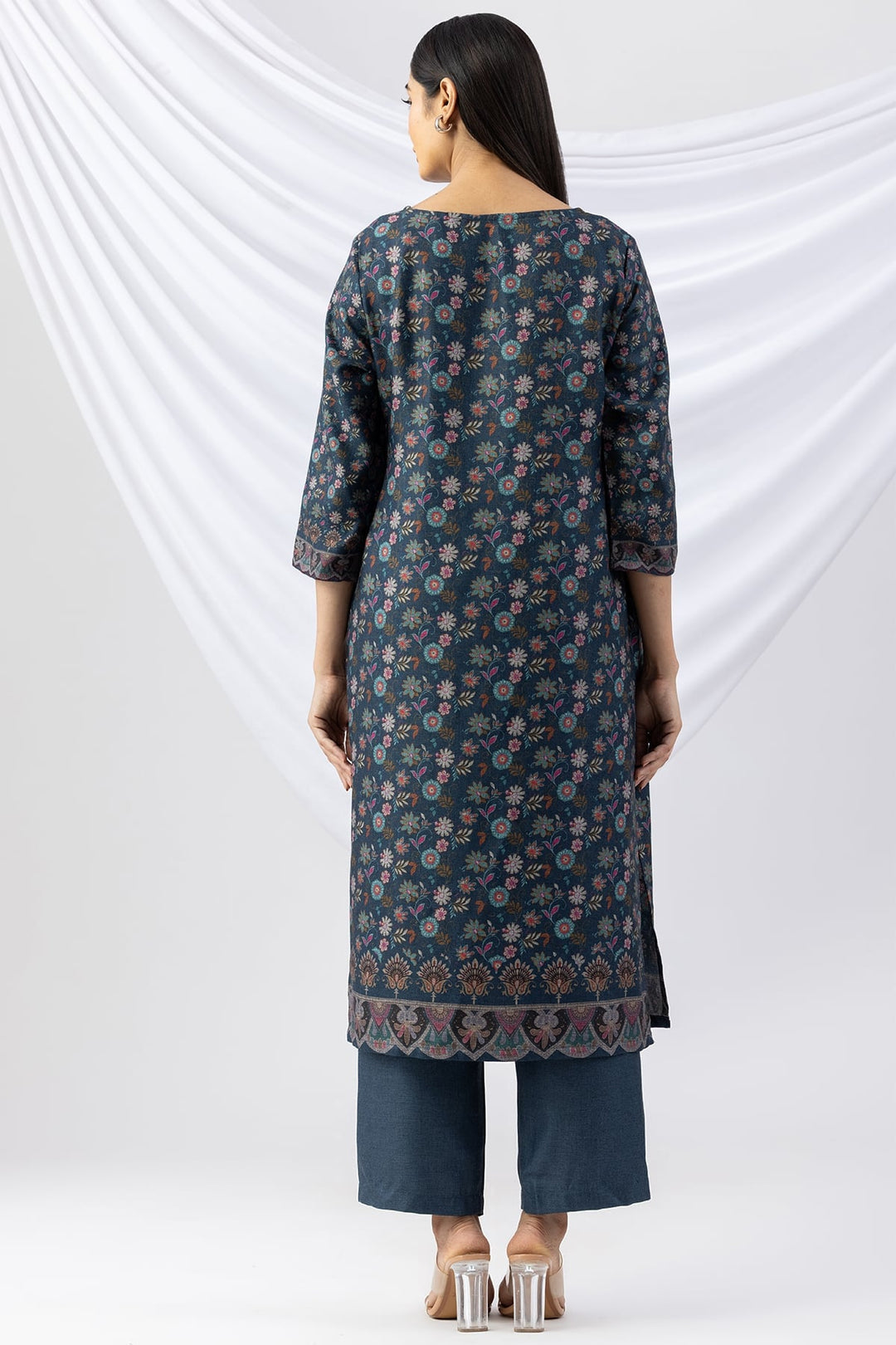 Teal Printed Pashmina Kurti with Round Neck &amp; 3/4 Sleeves