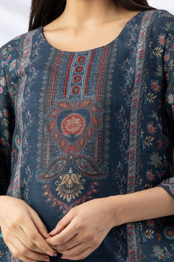 Teal Printed Pashmina Kurti with Round Neck &amp; 3/4 Sleeves