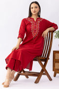 Embroidered Red Cotton Kurti with Round Neck & 3/4 Sleeves