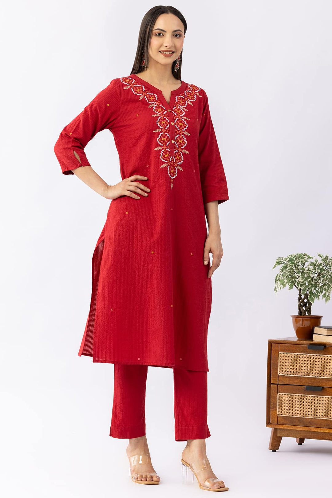 Solid Red Cotton Palazzo with Regular Fit