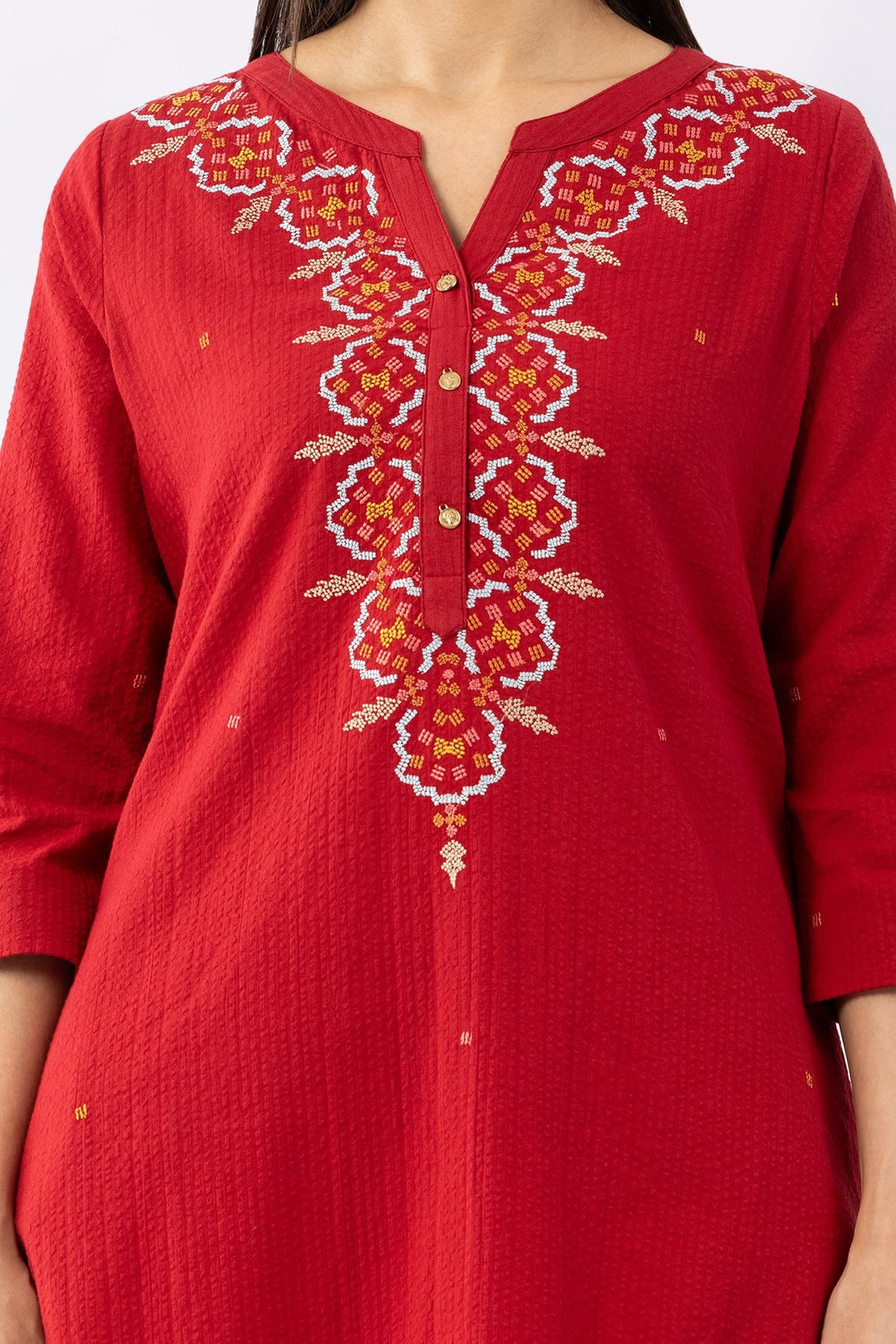 Embroidered Red Cotton Kurti with Round Neck &amp; 3/4 Sleeves