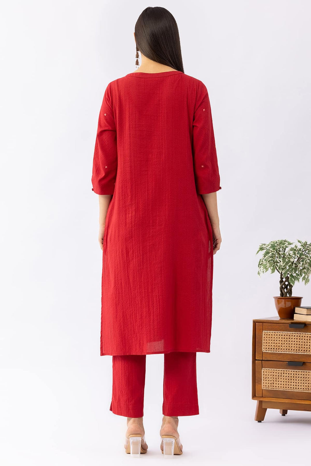 Embroidered Red Cotton Kurti with Round Neck &amp; 3/4 Sleeves
