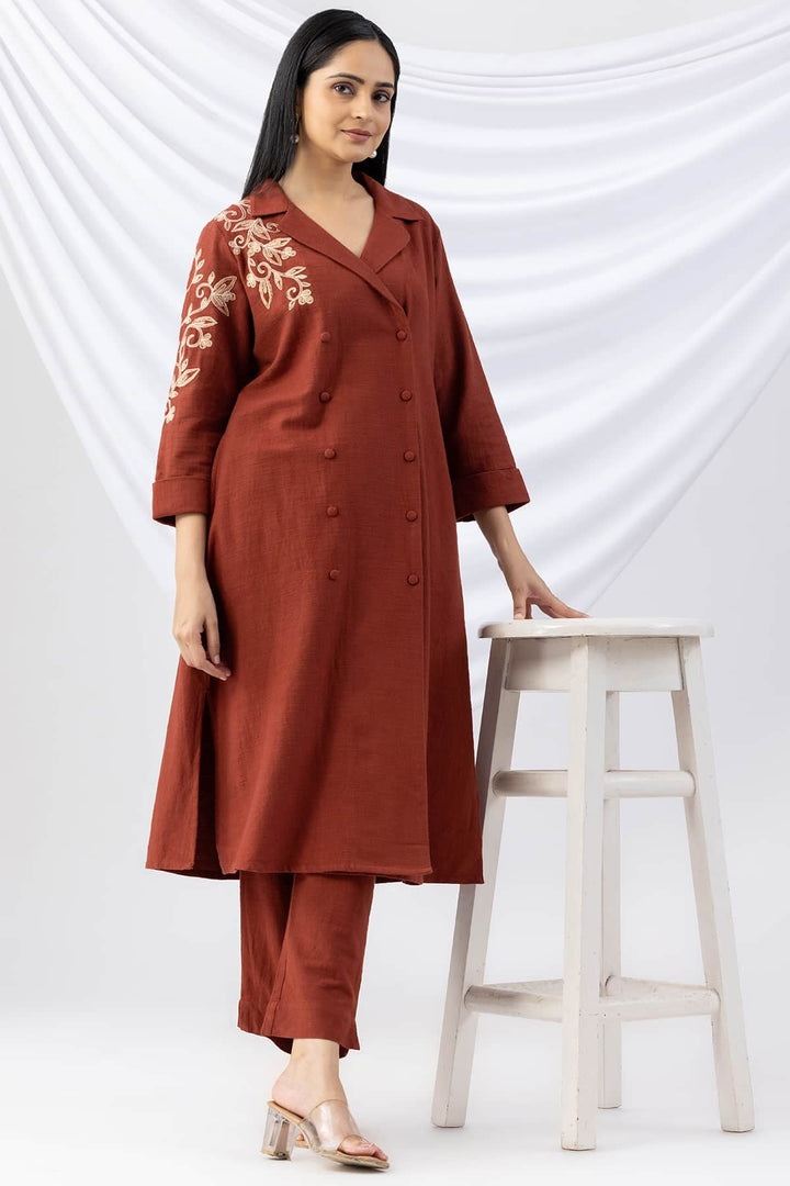 Rust Embroidered Viscose Cotton Slub Winter Kurti with Lapel Collar