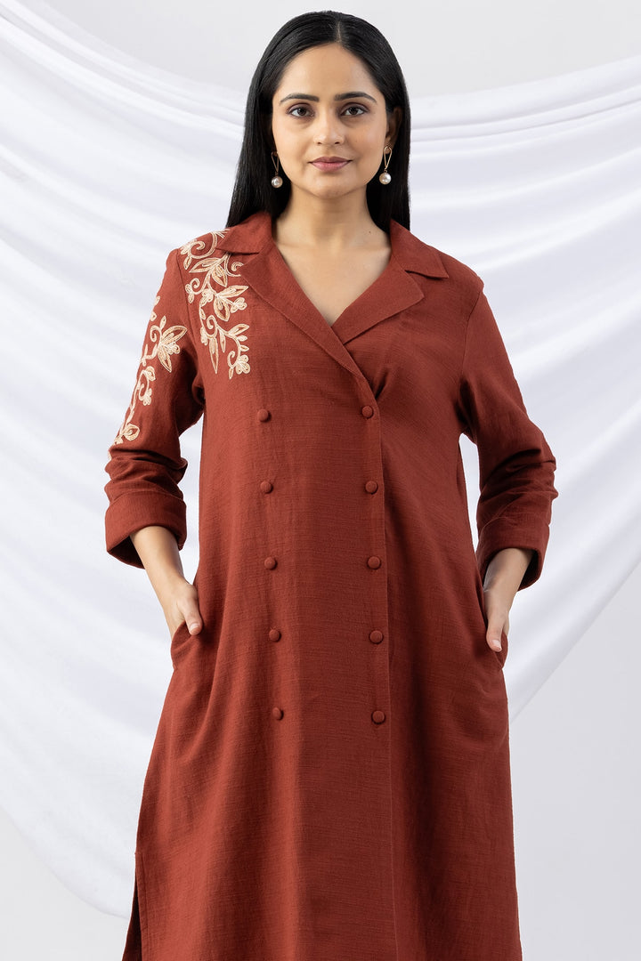 Rust Embroidered Viscose Cotton Slub Winter Kurti with Lapel Collar