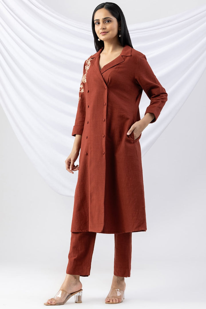 Rust Embroidered Viscose Cotton Slub Winter Kurti with Lapel Collar