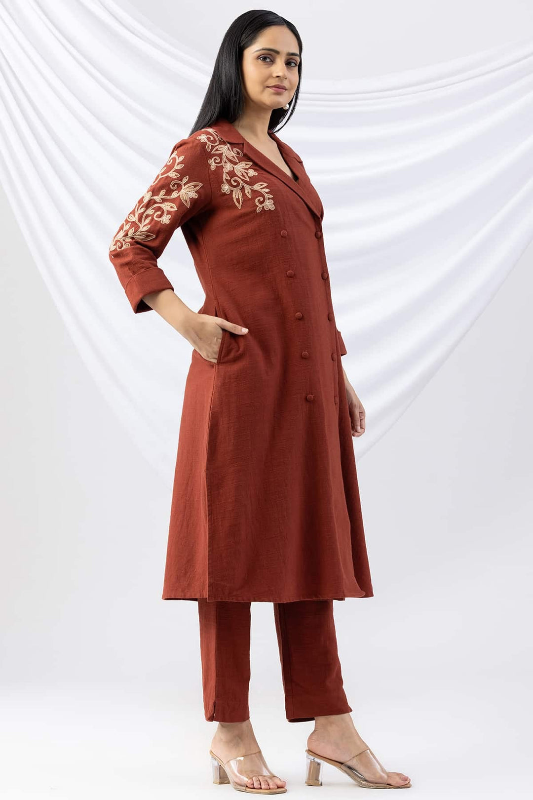Rust Embroidered Viscose Cotton Slub Winter Kurti with Lapel Collar