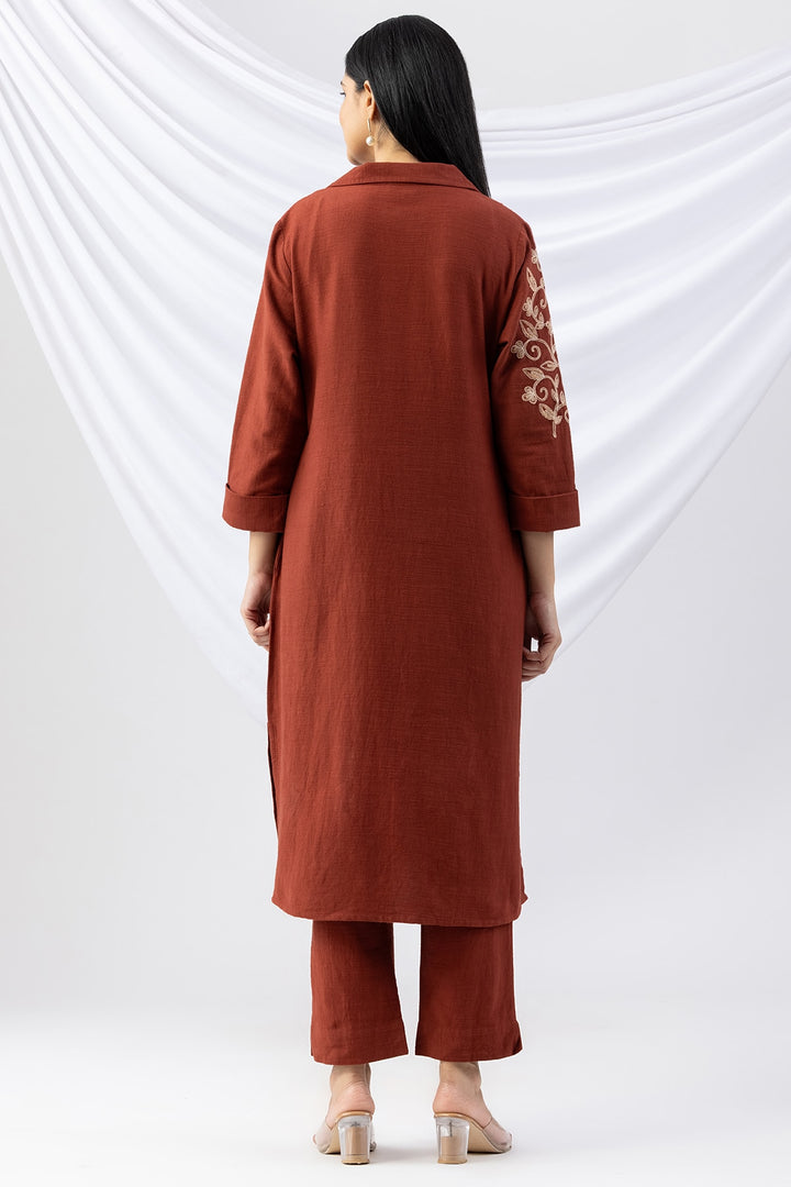 Rust Embroidered Viscose Cotton Slub Winter Kurti with Lapel Collar