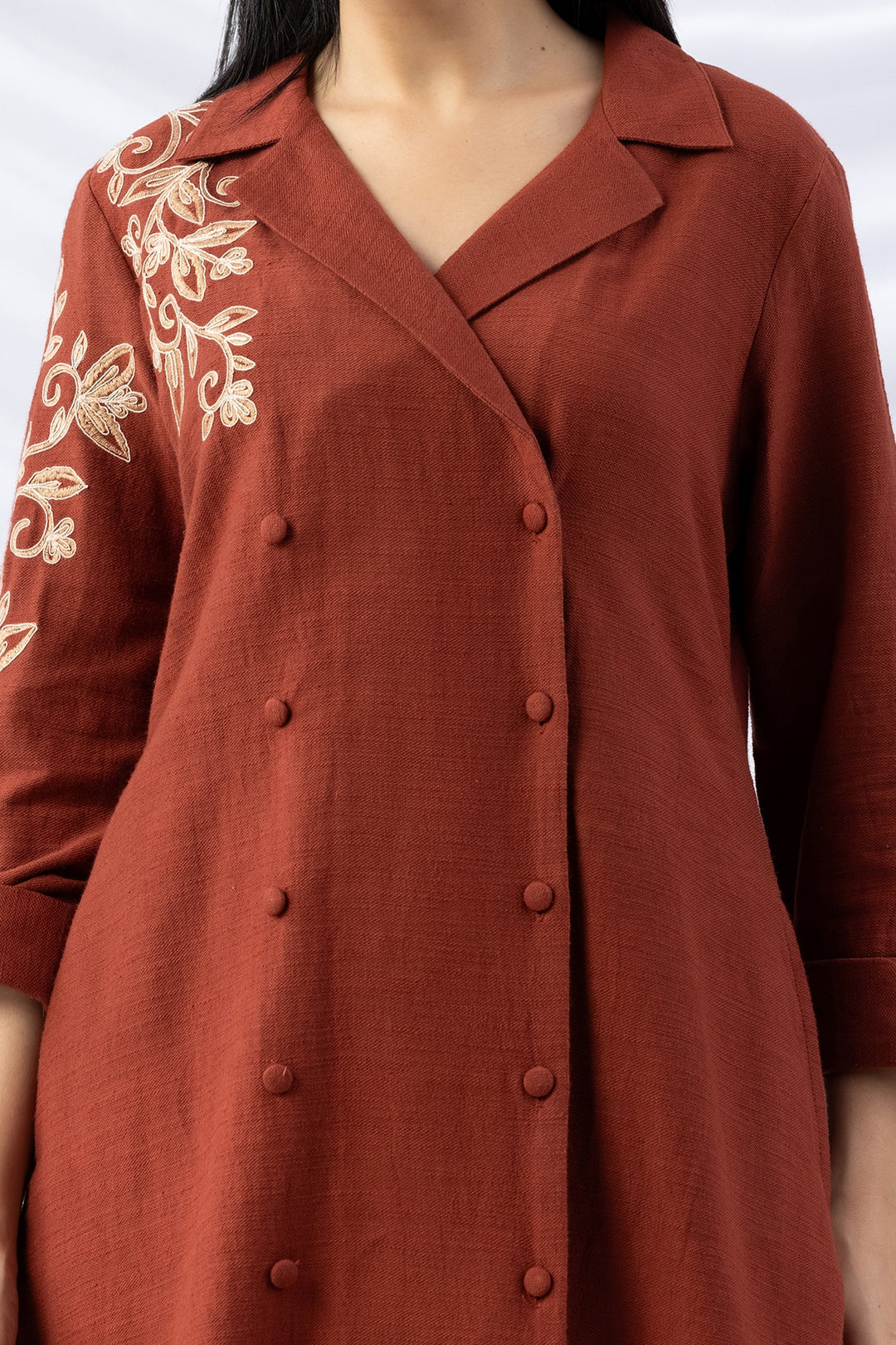Rust Embroidered Viscose Cotton Slub Winter Kurti with Lapel Collar