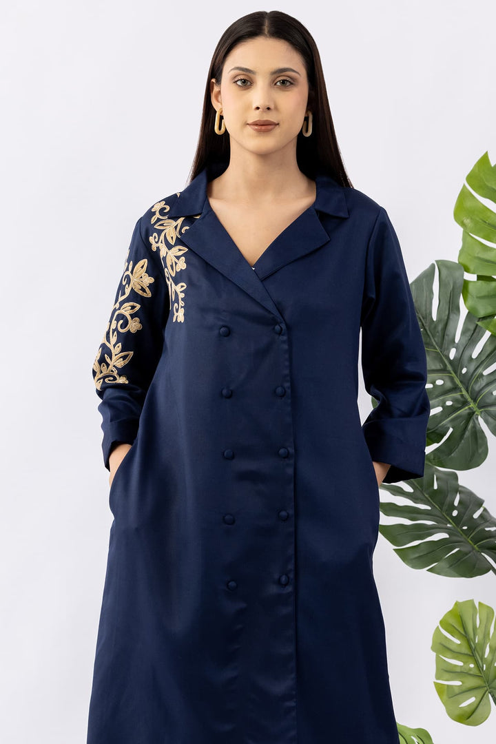 Embroidered Navy Blue Tencel Twill Kurti with Lapel Collar &amp; 3/4 Sleeves