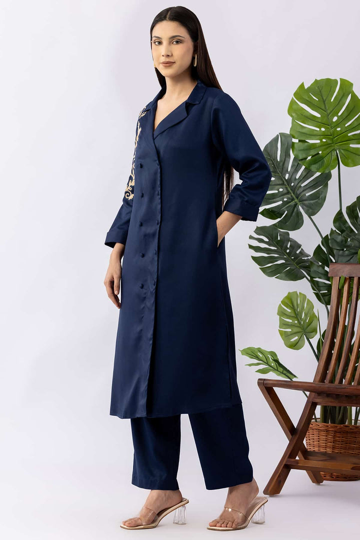 Embroidered Navy Blue Tencel Twill Kurti with Lapel Collar &amp; 3/4 Sleeves