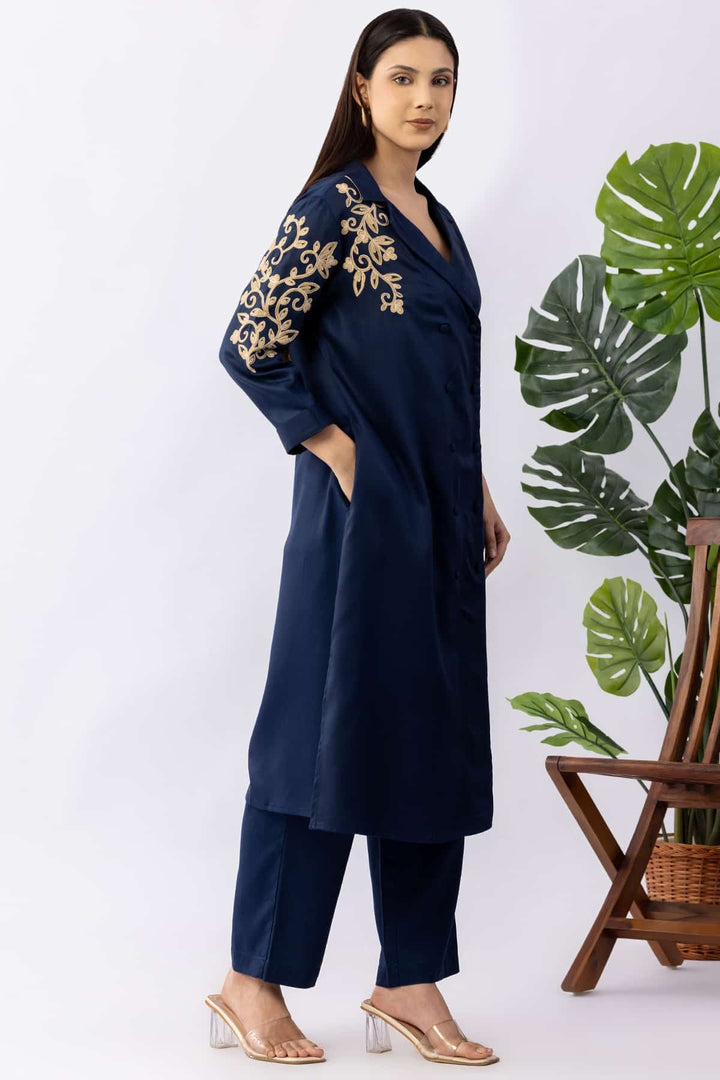 Embroidered Navy Blue Tencel Twill Kurti with Lapel Collar &amp; 3/4 Sleeves