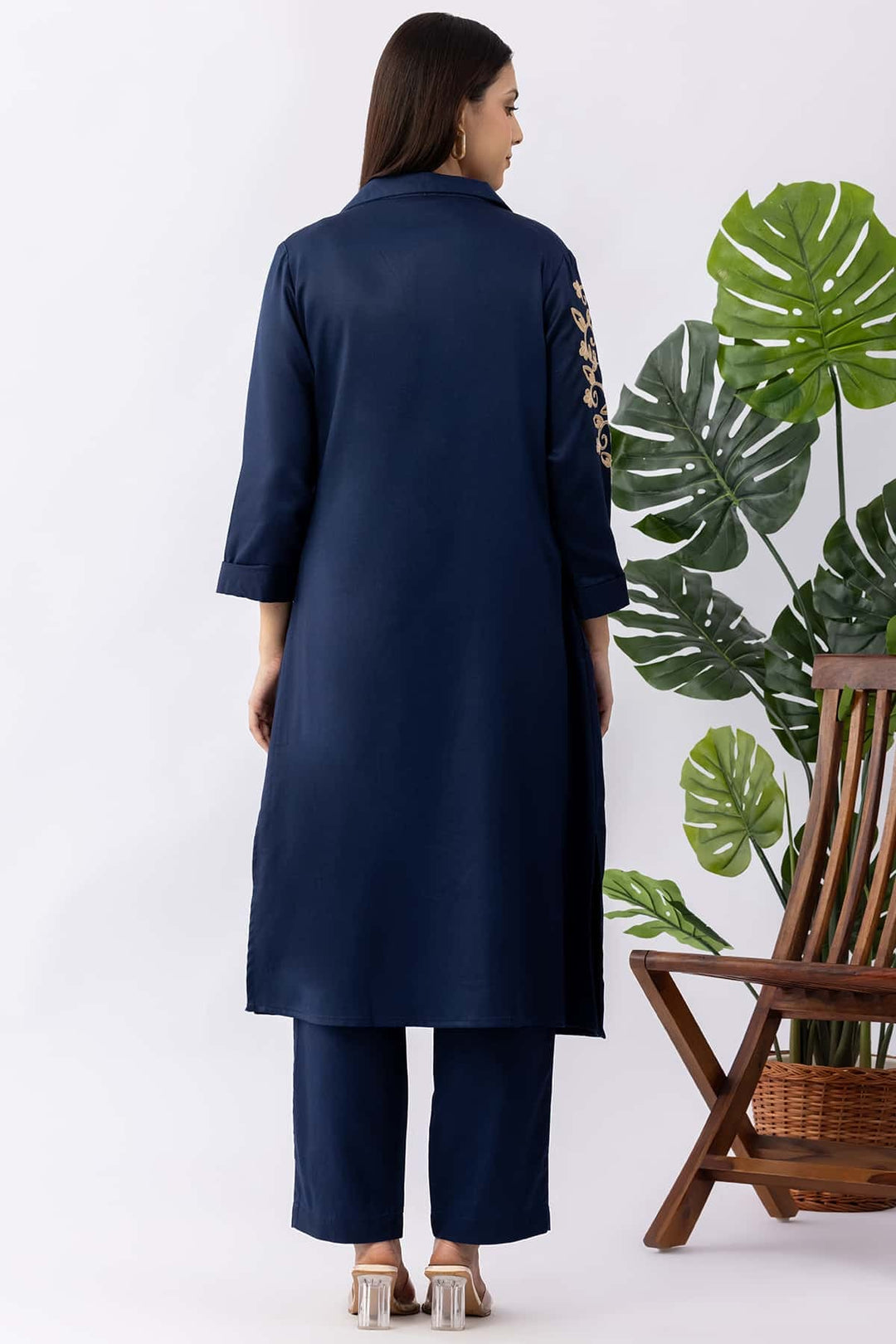 Embroidered Navy Blue Tencel Twill Kurti with Lapel Collar &amp; 3/4 Sleeves