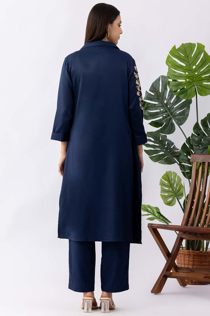 Embroidered Navy Blue Tencel Twill Kurti with Lapel Collar &amp; 3/4 Sleeves