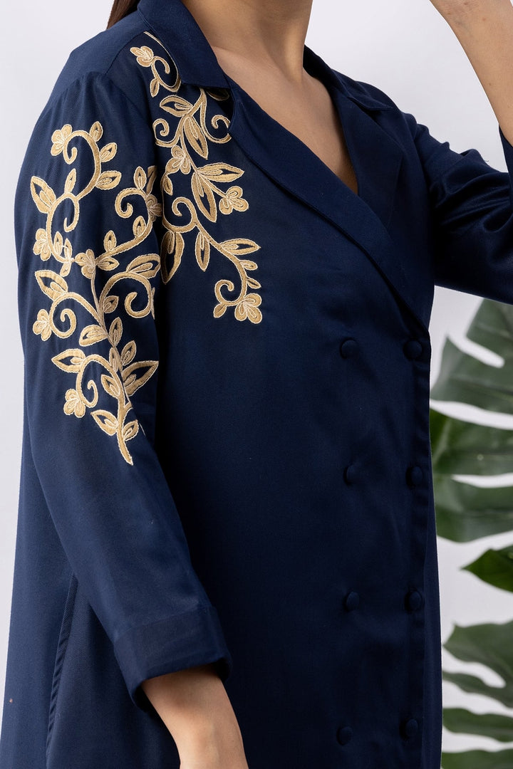 Embroidered Navy Blue Tencel Twill Kurti with Lapel Collar &amp; 3/4 Sleeves