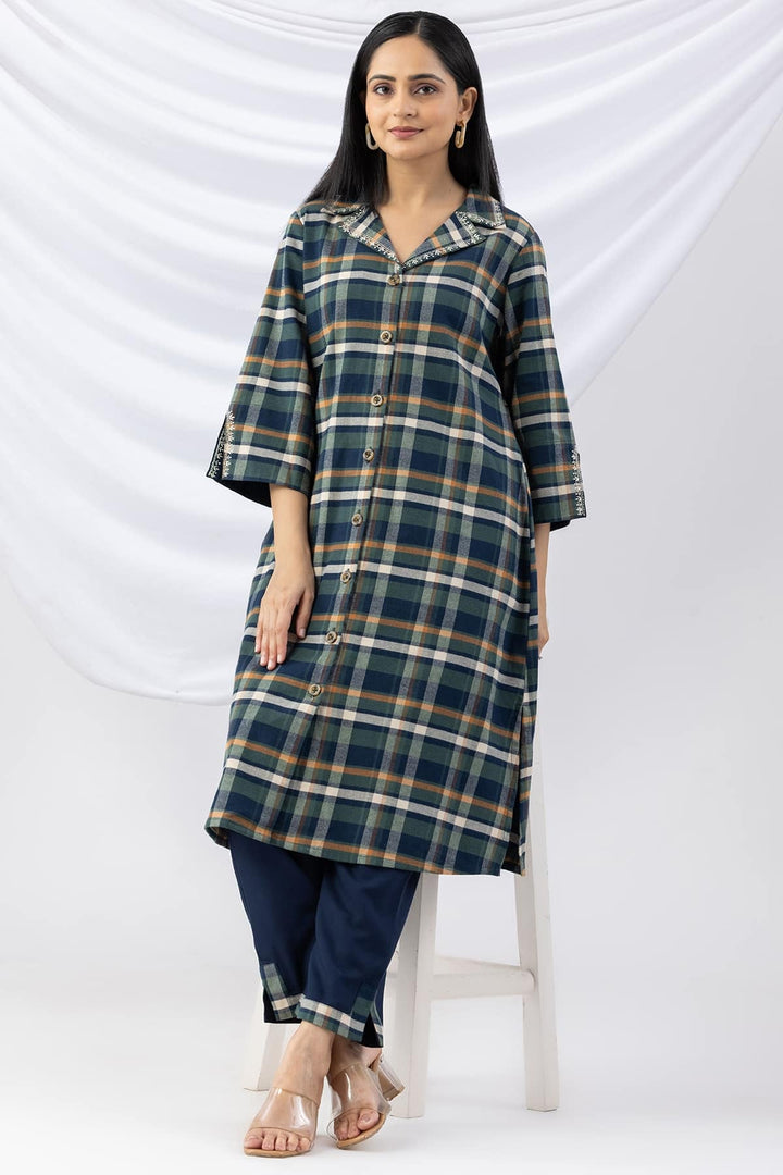Navy Checked Cotton Twill Kurti with Lapel Collar &amp; 3/4 Sleeves