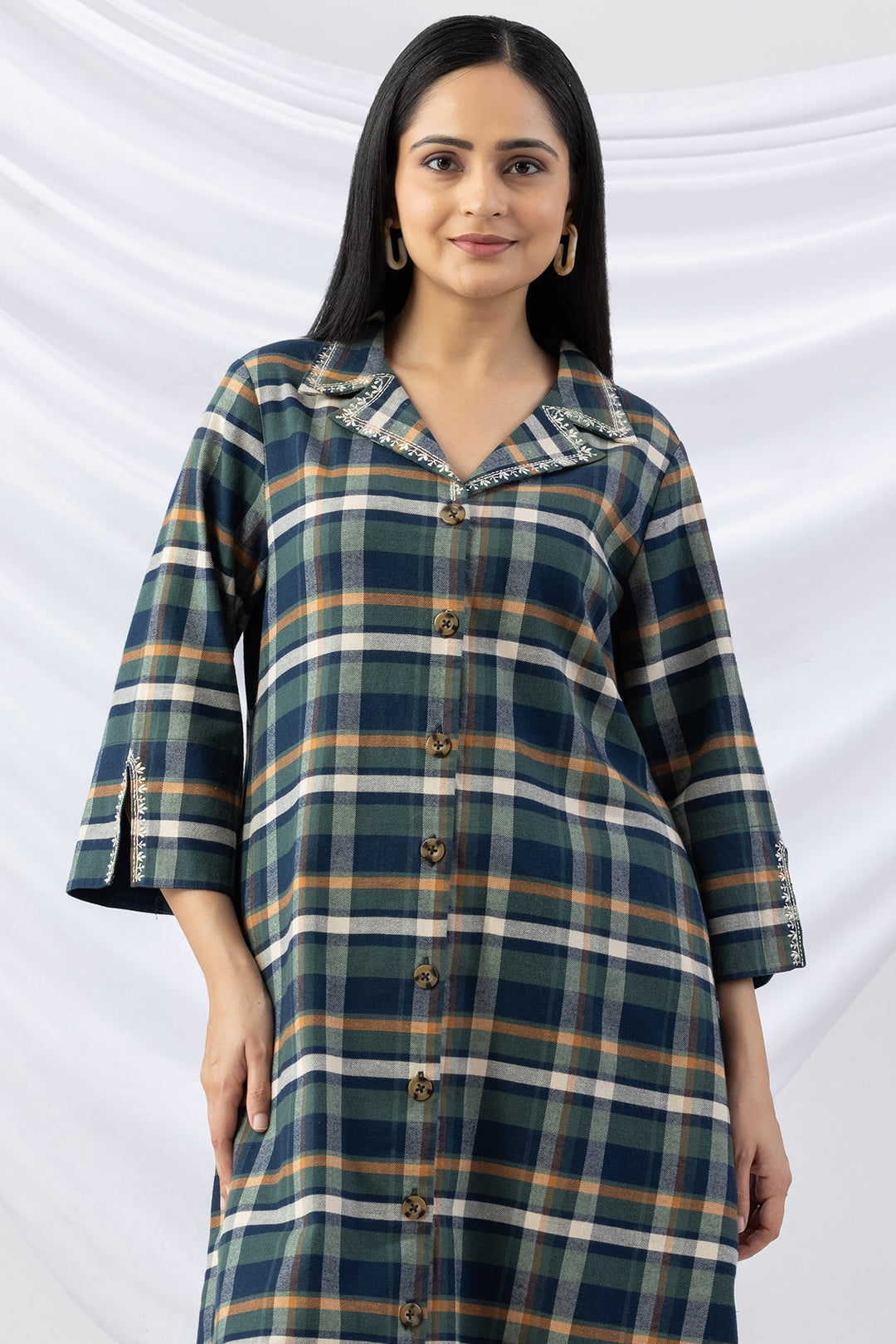Navy Checked Cotton Twill Kurti with Lapel Collar &amp; 3/4 Sleeves