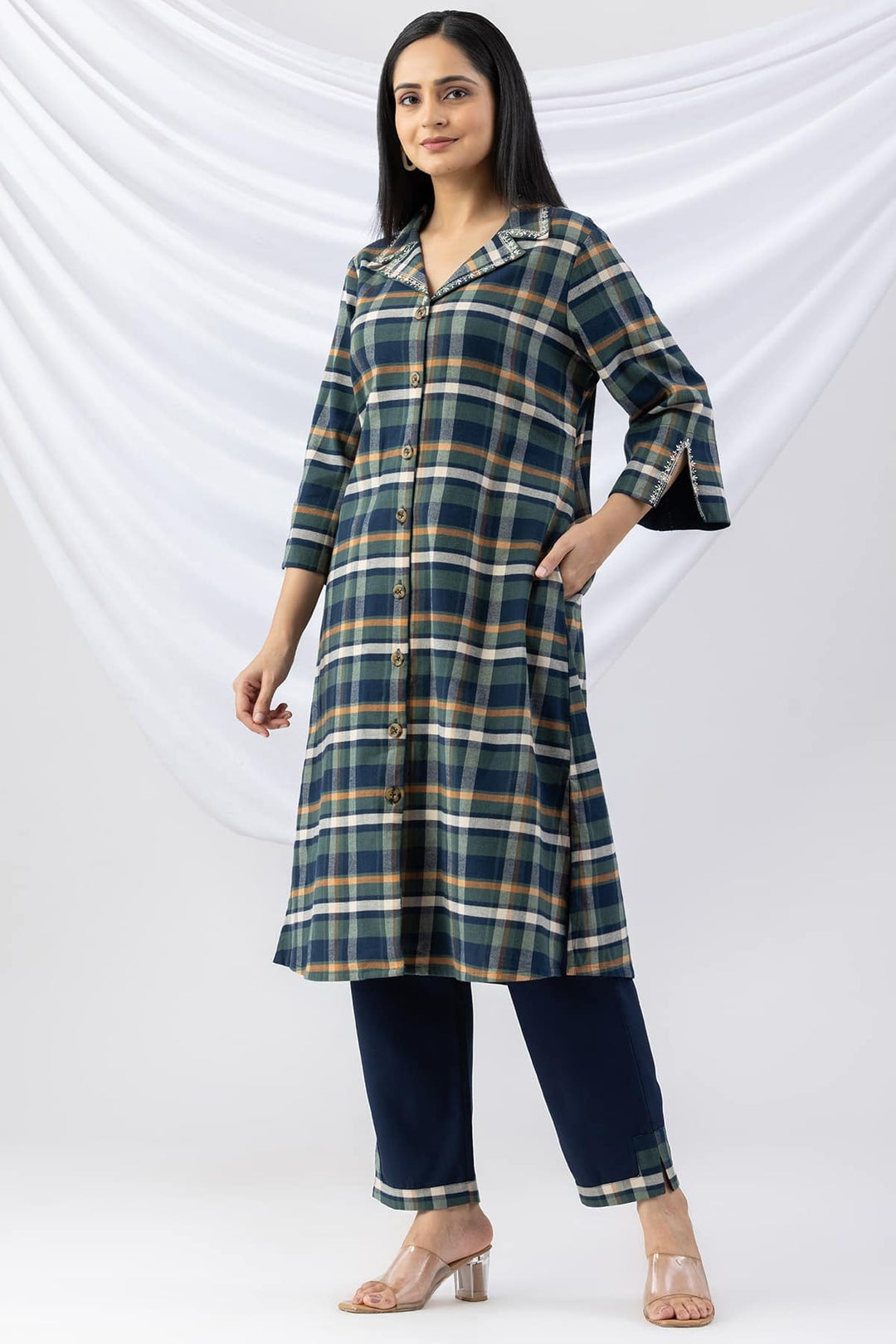 Navy Checked Cotton Twill Kurti with Lapel Collar &amp; 3/4 Sleeves