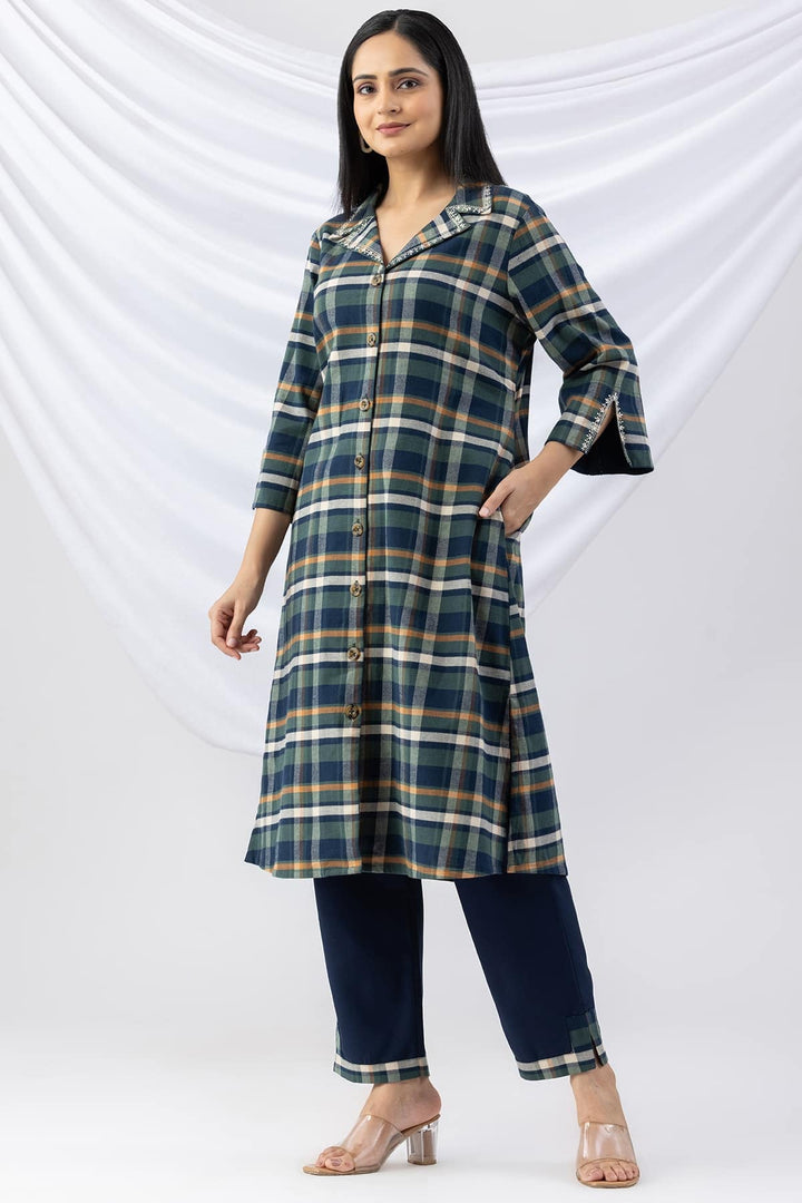 Navy Checked Cotton Twill Kurti with Lapel Collar &amp; 3/4 Sleeves