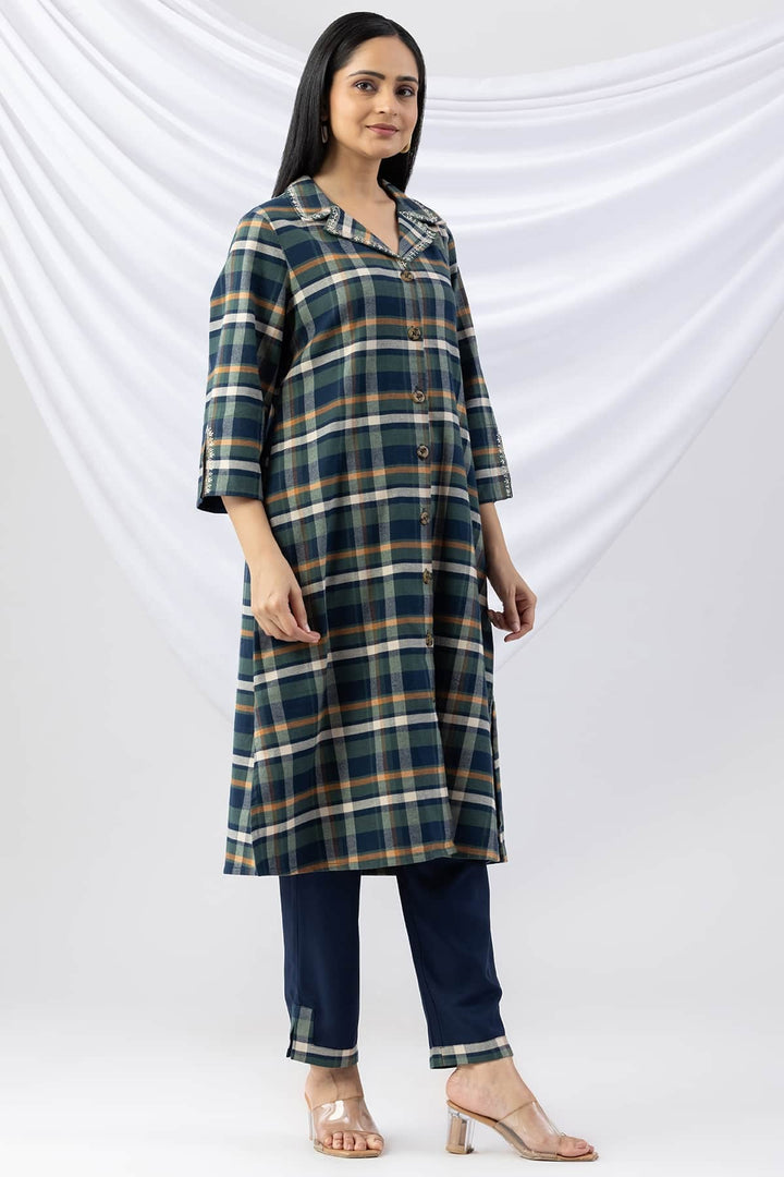 Navy Checked Cotton Twill Kurti with Lapel Collar &amp; 3/4 Sleeves