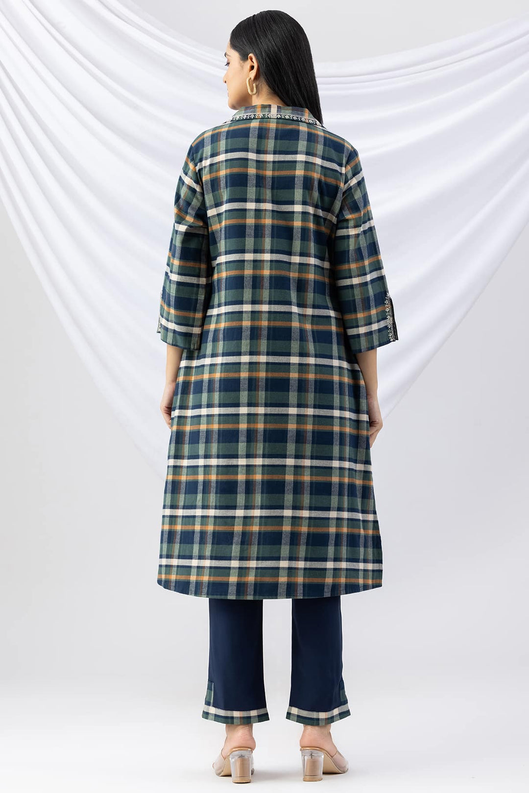 Navy Checked Cotton Twill Kurti with Lapel Collar &amp; 3/4 Sleeves
